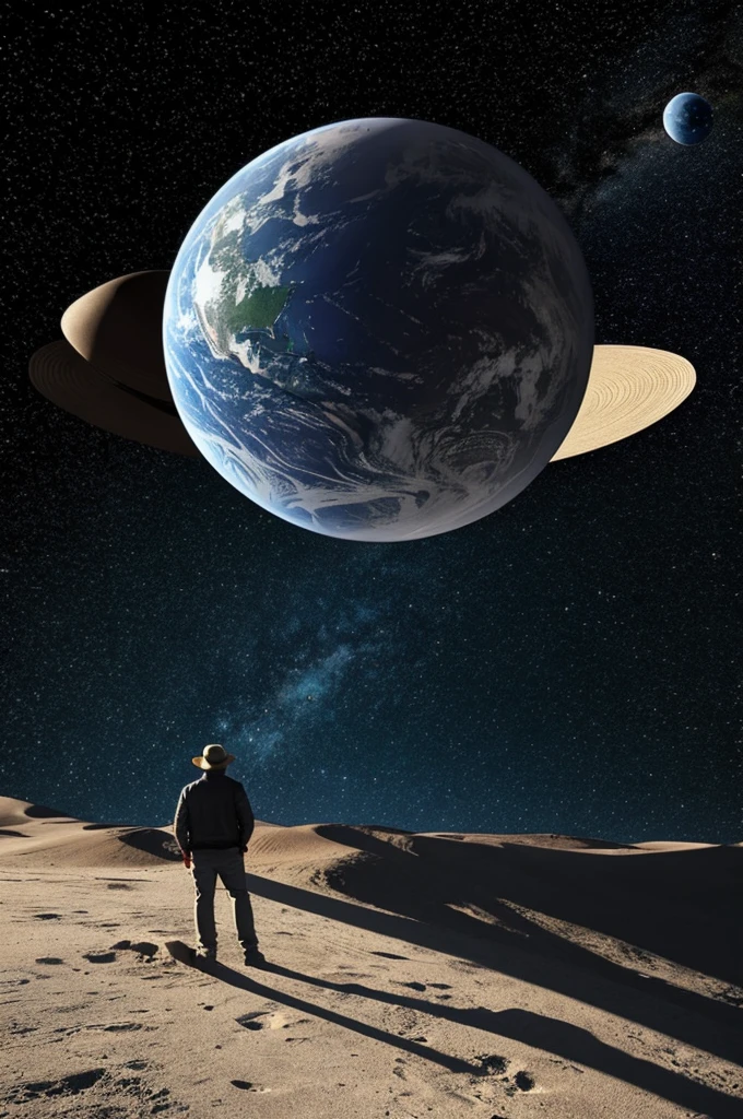 drawing of man with hat on a small planet 