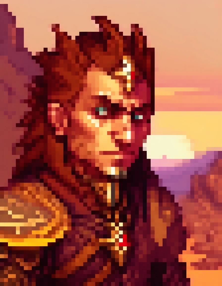 natural lighting, Pixel Art, PixArFK . best quality, portrait, looking down, solo, half shot, detailed background, detailed face, (arid middle-eastern desert theme:1.1), thug, elaborate dark clothes, hood, small leather pouch, high fantasy medieval setting, high fantasy medieval old pixel art video game, setting dark port pier background, stealth, secret, fog,, steel quadrangular castle, moonstone turrets, sphinx, distant mountians, sunset, A vast and desolate wasteland, where the wind howls like a mournful spirit across the cracked earth, HDR, realistic lighting