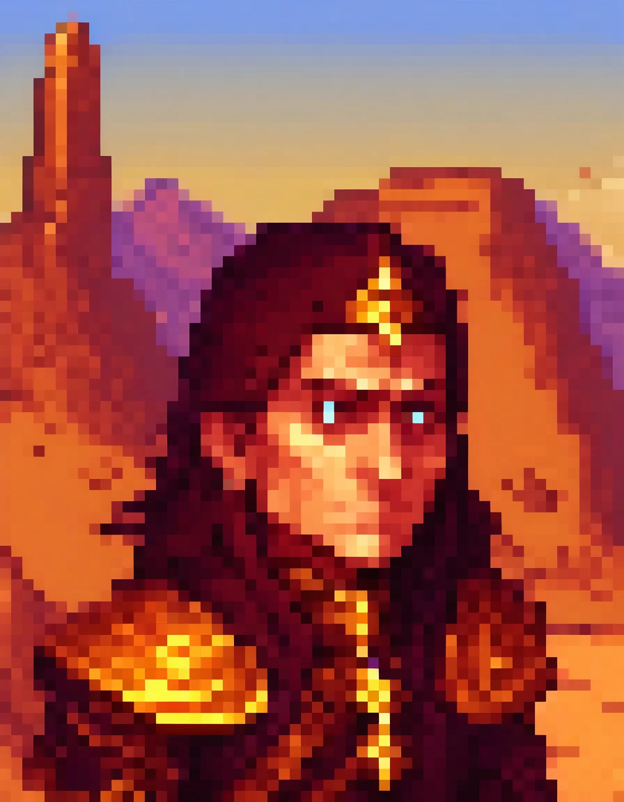 natural lighting, Pixel Art, PixArFK . best quality, portrait, looking down, solo, half shot, detailed background, detailed face, (arid middle-eastern desert theme:1.1), thug, elaborate dark clothes, hood, small leather pouch, high fantasy medieval setting, high fantasy medieval old pixel art video game, setting dark port pier background, stealth, secret, fog,, steel quadrangular castle, moonstone turrets, sphinx, distant mountians, sunset, A vast and desolate wasteland, where the wind howls like a mournful spirit across the cracked earth, HDR, realistic lighting