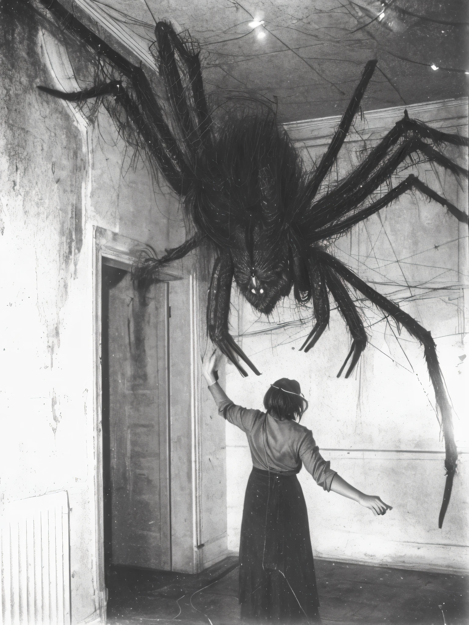 a terrified woman, giant spider, vintage photo, (best quality,4k,8k,highres,masterpiece:1.2),ultra-detailed,(realistic,photorealistic,photo-realistic:1.37),HDR,UHD,studio lighting,ultra-fine painting,sharp focus,physically-based rendering,extreme detail description,professional,vivid colors,bokeh,horror,dark,moody,dramatic lighting,chiaroscuro,cinematic