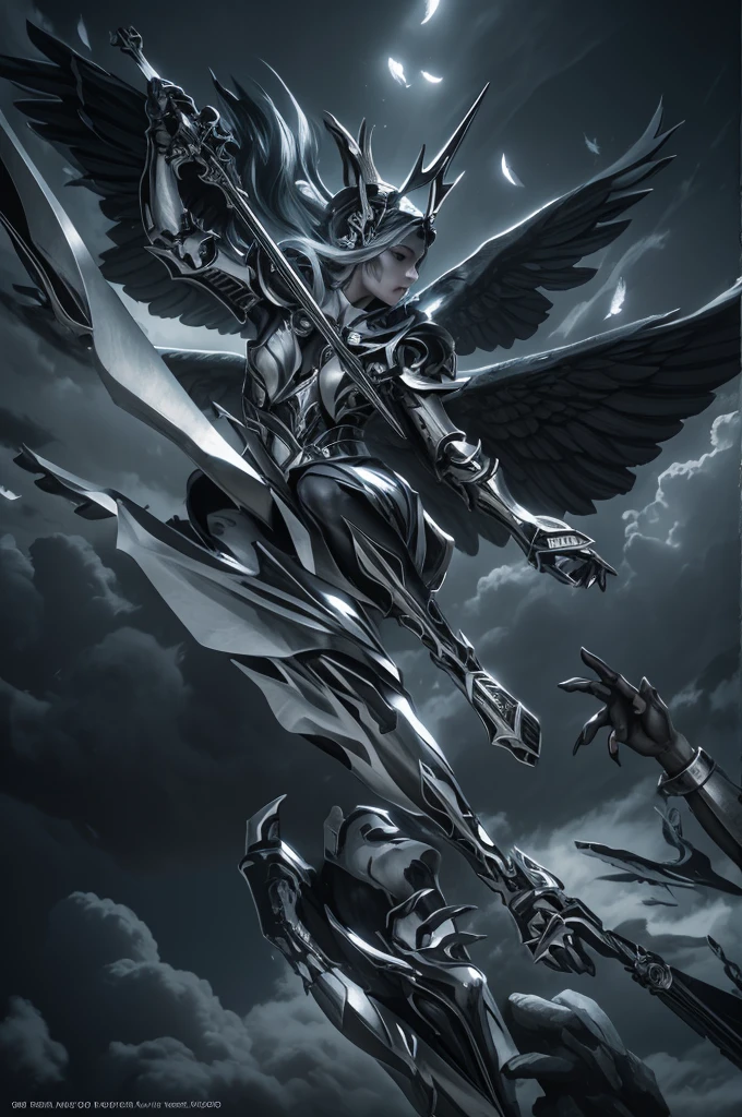 Divine judgement, sending from the sky, dynamic pose, A beautiful angel woman with huge wings, giant horns, facing forward, with a blindfold, in a melancholy pose, with a beautiful sharp face, ultra-detailed, hyper realistic, cinematic lighting, dark moody colors, dramatic shadows, intricate details, ethereal, fantasy, elegant, photorealistic, body armor, showing no emotion, grey skin
