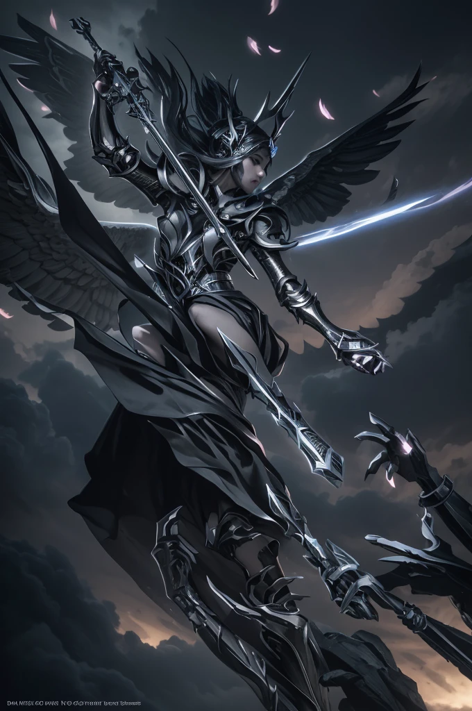 Divine judgement, sending from the sky, dynamic pose, A beautiful angel woman with huge wings, giant horns, facing forward, with a blindfold, in a melancholy pose, with a beautiful sharp face, ultra-detailed, hyper realistic, cinematic lighting, dark moody colors, dramatic shadows, intricate details, ethereal, fantasy, elegant, photorealistic, body armor, showing no emotion, grey skin