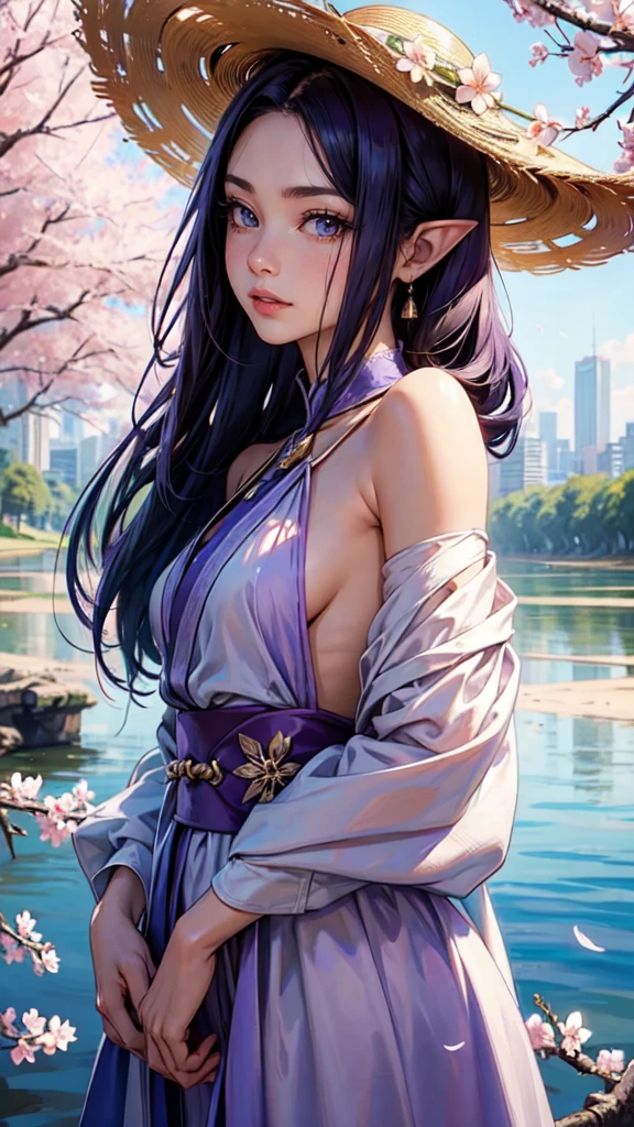 (masterpaintingelhor Quoridade),Riverside,There are many tall buildings across the river,profundidade de campo,perfect lighting,light particleelhor Quoridade),(masterpaintings),(hiper detalhado),sharp focus,light particles,a beautiful Chinese woman standing in a cherry blossom field with a sun hat and wearing purple halter dress, longos cabelos castanhos ondulados, wearing sunglasses, alto e magro, Beautiful, sorriso sutil, Olhando_em_espreitando o espectador,sorrir,sozinho,open sky_Clothes,Arms back,standingn, e de corpo inteiro,Japanese style costume,raio de sol,The tree,De boca aberta,Arms back,cabelos azuis,orelhas brancas,purples eyes,detailed face, detailed eyes, detailed hands, colors, sexy pose,elf woman