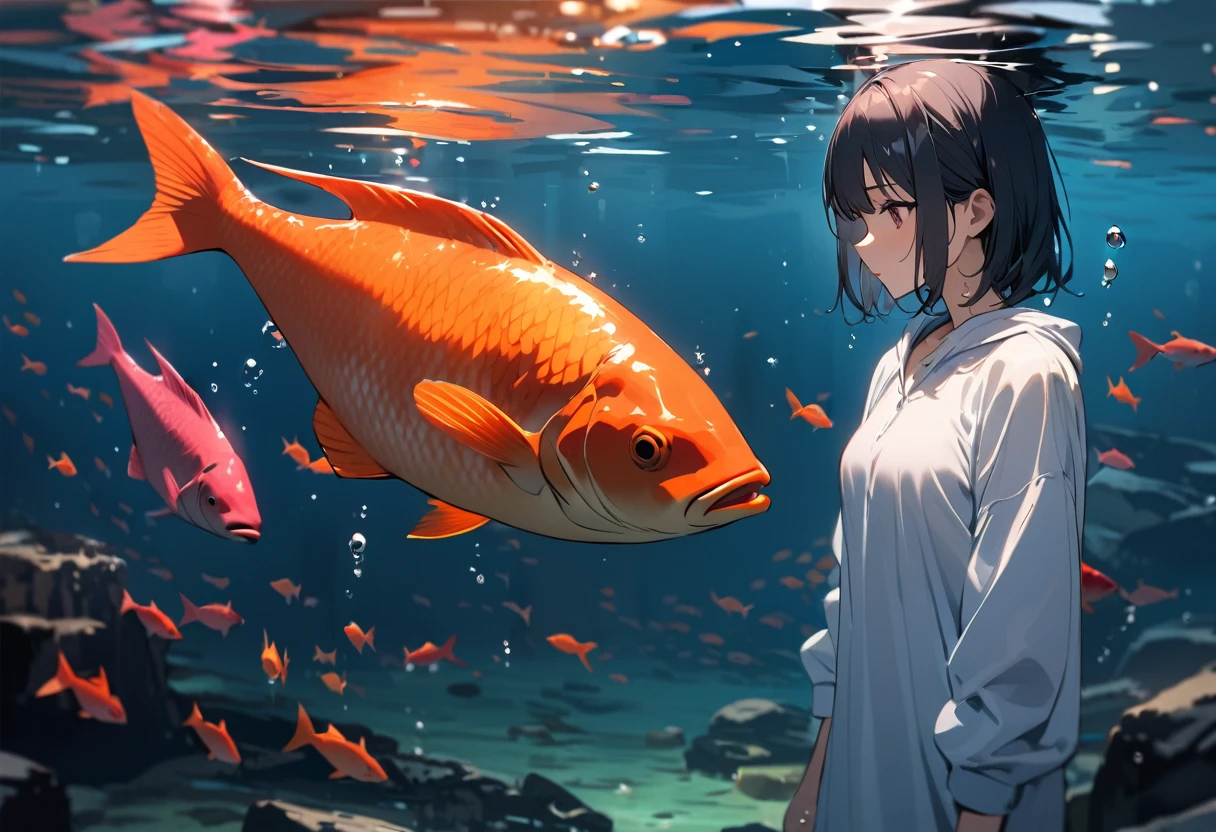 Mysterious,In the sea,Fish swimming,There is no one here,Highest quality,masterpiece,Air bubbles