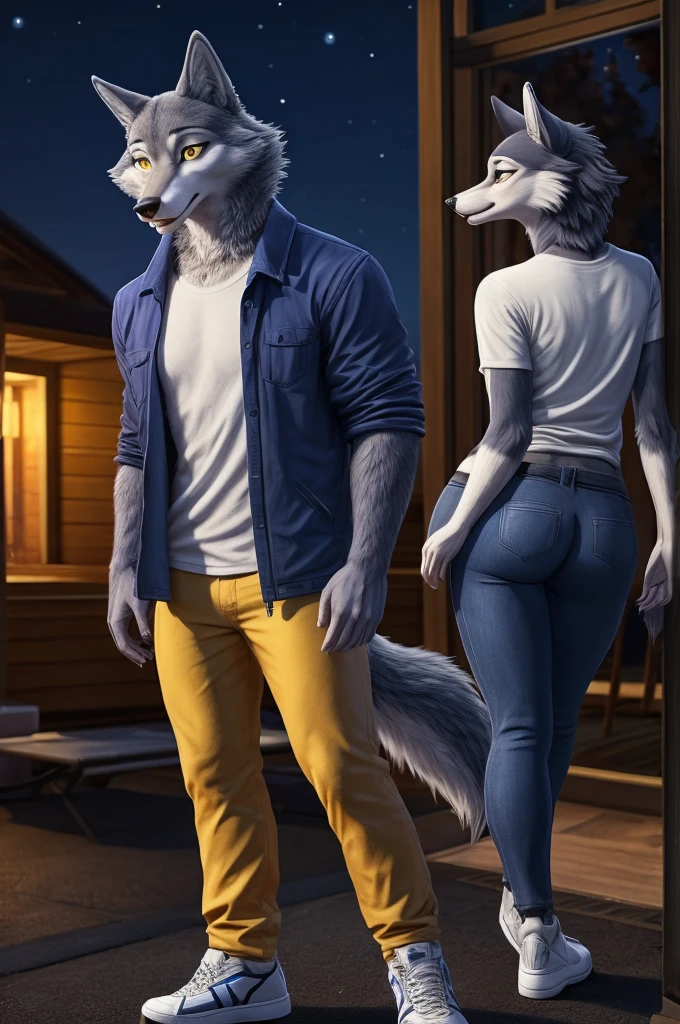 Porsha is a tall Arctic-gray wolf with yellow eyes and bluish-grey and white fur. She wears purple sunglasses, a dark blue jacket with multicolored accents, yellow trousers, grey and white sneakers, and a blue vintage t-shirt, anthro wolf, female, adult, blue fur, buffed body, tail, sexy, beefy body, furred body, furry chest hair, realistic, full body, photorealistic, ultra realistic, 8k, night, bare-chested, in back turned posing, sexy butt