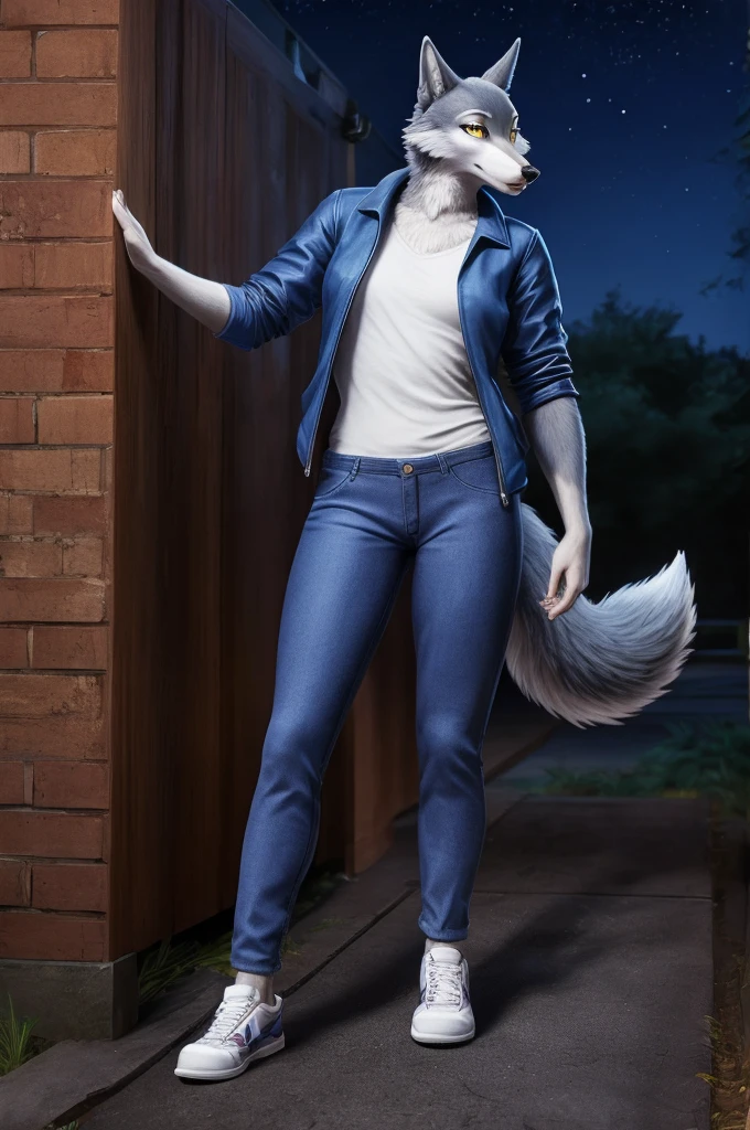 Porsha is a tall Arctic-gray wolf with yellow eyes and bluish-grey and white fur. She wears purple sunglasses, a dark blue jacket with multicolored accents, yellow trousers, grey and white sneakers, and a blue vintage t-shirt, anthro wolf, female, adult, blue fur, buffed body, tail, sexy, beefy body, furred body, furry chest hair, realistic, full body, photorealistic, ultra realistic, 8k, night, bare-chested, in back turned posing, sexy butt