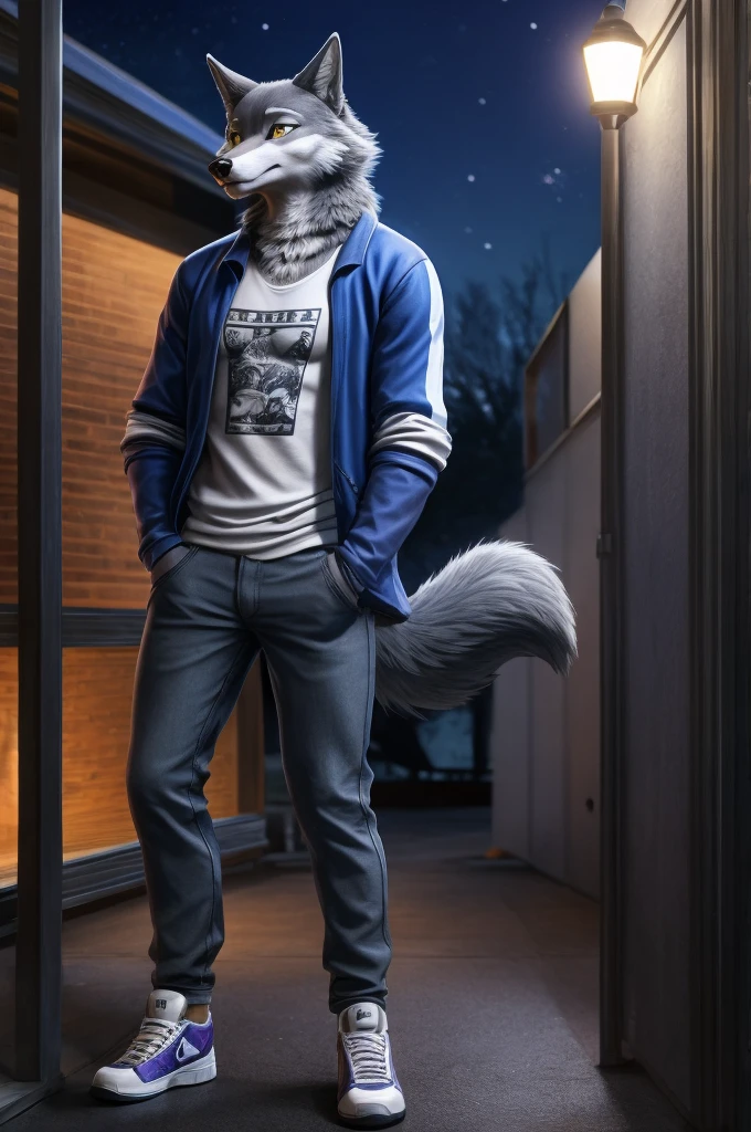Porsha is a tall Arctic-gray wolf with yellow eyes and bluish-grey and white fur. She wears purple sunglasses, a dark blue jacket with multicolored accents, yellow trousers, grey and white sneakers, and a blue vintage t-shirt, anthro wolf, female, adult, blue fur, buffed body, tail, sexy, beefy body, furred body, furry chest hair, realistic, full body, photorealistic, ultra realistic, 8k, night, bare-chested, in back turned posing, sexy butt 