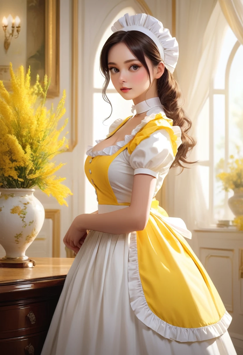 (masterpiece), (Highest quality), (Super detailed), image_type: Portraiture | Sexy big boobs cleavage: fashion | emotion: elegant | scene: A young girl in a yellow and white maid outfit stands elegantly in an elegantly decorated interior room | Beautiful light, Calm mood,Look to the side