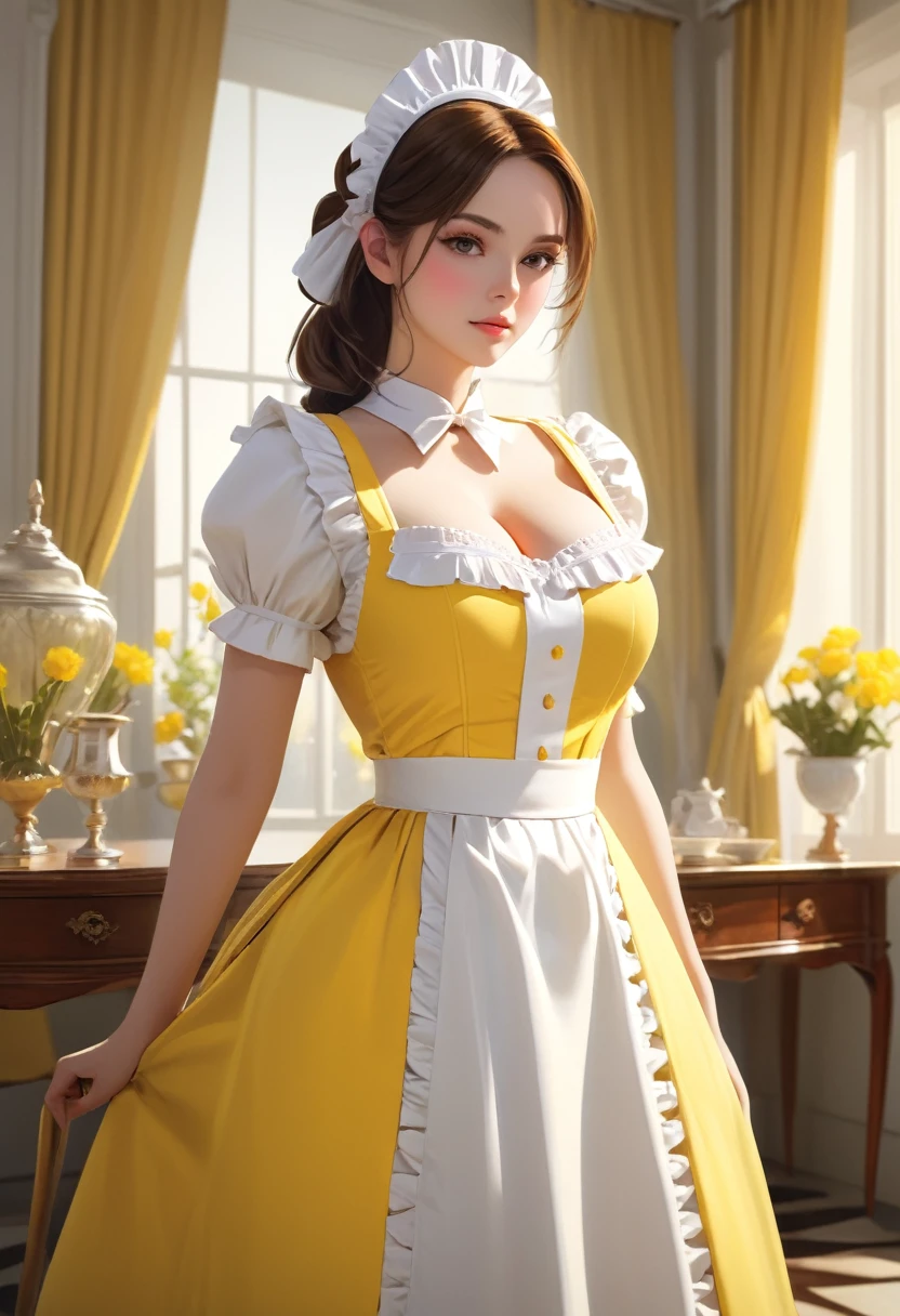 (masterpiece), (Highest quality), (Super detailed), image_type: Portraiture | Sexy big boobs cleavage: fashion | emotion: elegant | scene: A young girl in a yellow and white maid outfit stands elegantly in an elegantly decorated interior room | Beautiful light, Calm mood,Look to the side