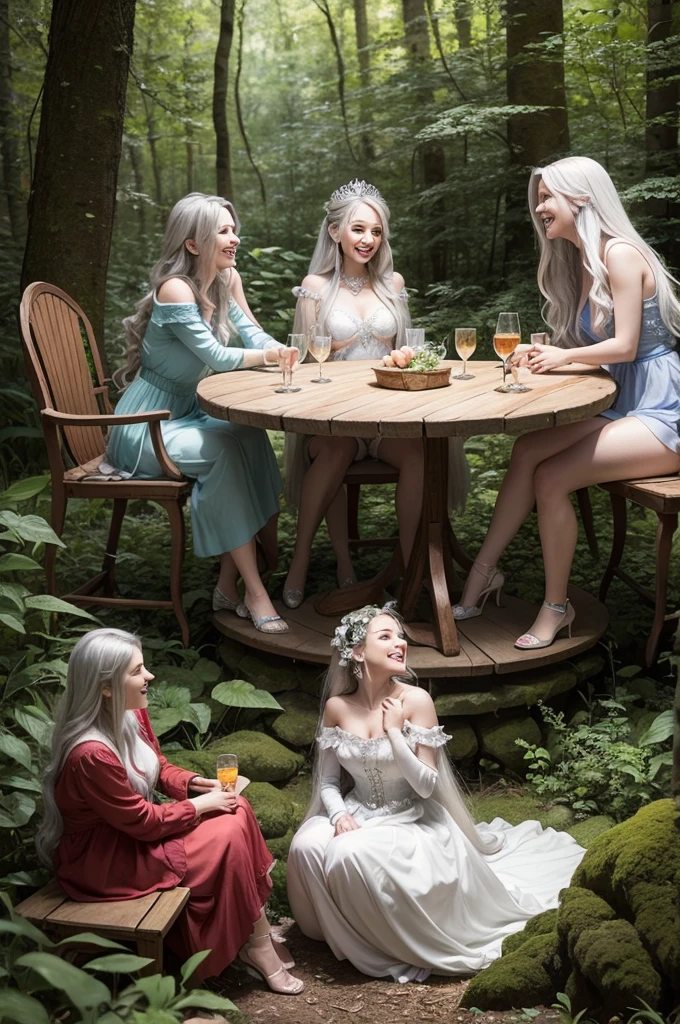 Create a fairytale illustration of a woman with long silver hair, she is with a few women, talking and laughing, sitting in a forest 