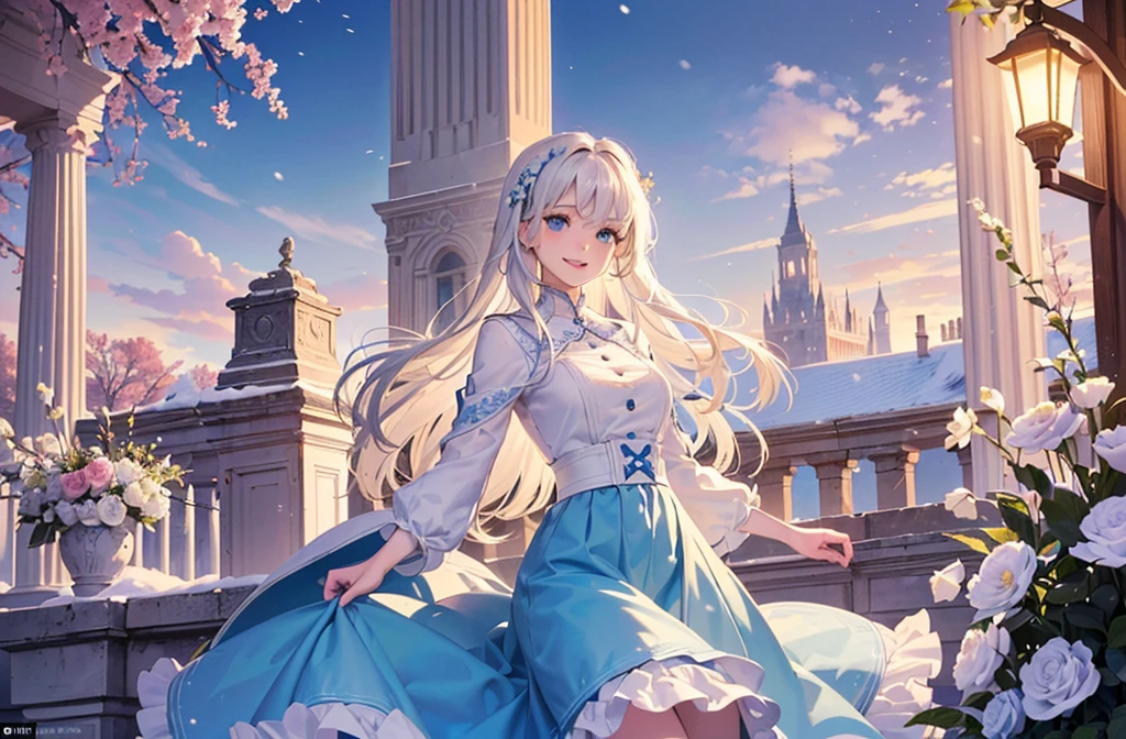 ((best quality,masterpiece,Extremely complex and exquisite details,There is only one beautiful girl with long white straight hair and blue eyes,Smile,long skirt)),(Exquisite light blue and white clothing,Beautiful bright and exquisite ancient style white castle architectural background),(correct anatomy,exquisite face),(Exquisite fantasy dream style,Snow,Falling Flowers,The great outdoors)