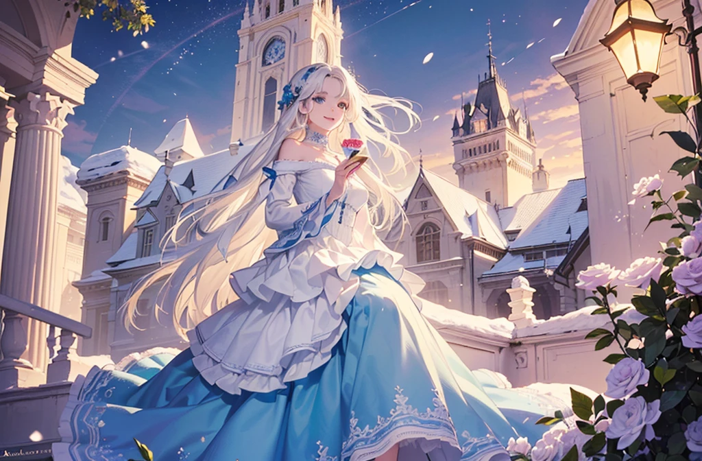 ((best quality,masterpiece,Extremely complex and exquisite details,There is only one beautiful girl with long white straight hair and blue eyes,Smile,long skirt)),(Exquisite light blue and white clothing,Beautiful bright and exquisite ancient style white castle architectural background),(correct anatomy,exquisite face),(Exquisite fantasy dream style,Snow,Falling Flowers,The great outdoors)