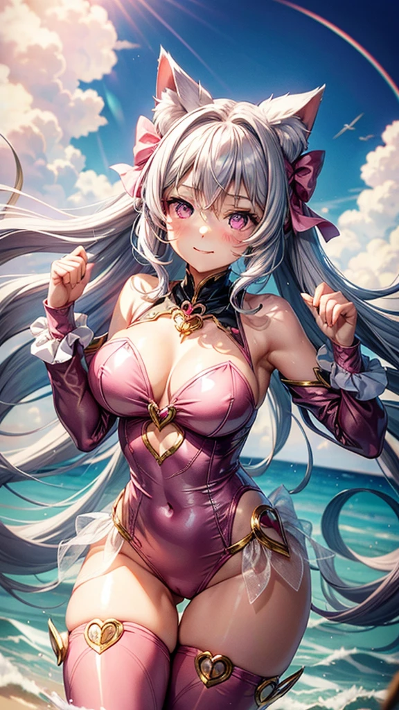 Silver hair, pink eyes, woman, sun and cloud background, pink red gold clothes, hair bows, happy face, mermaid outfit, sexy, cat ears, hearts, floating hearts, thigh up, thigh high tights
