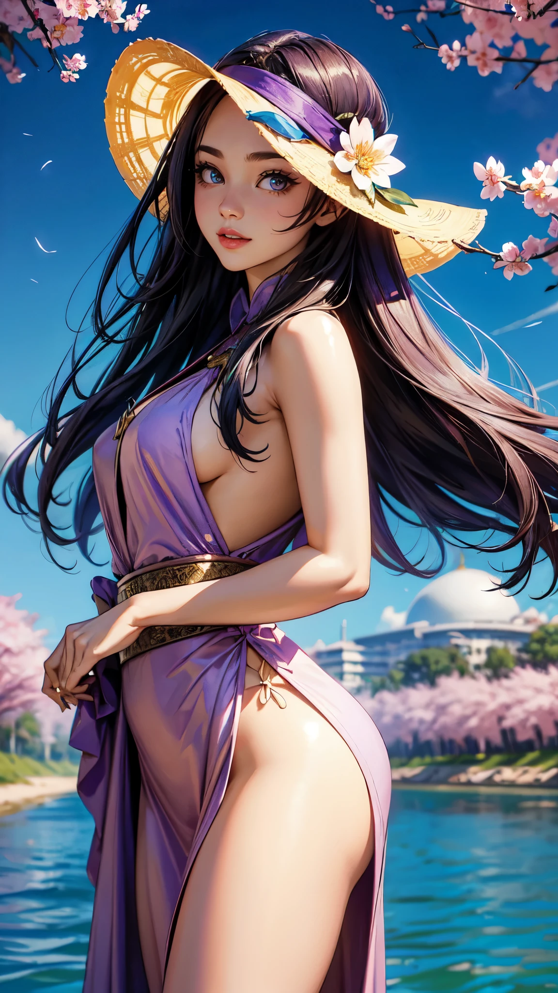 (masterpaintingelhor Quoridade),Riverside,There are many tall buildings across the river,profundidade de campo,perfect lighting,light particleelhor Quoridade),(masterpaintings),(hiper detalhado),sharp focus,light particles,a beautiful Chinese woman standing in a cherry blossom field with a sun hat and wearing purple halter dress, longos cabelos castanhos ondulados, wearing sunglasses, alto e magro, Beautiful, sorriso sutil, Olhando_em_espreitando o espectador,sorrir,sozinho,open sky_Clothes,Arms back,standingn, e de corpo inteiro,Japanese style costume,raio de sol,The tree,De boca aberta,Arms back,cabelos azuis,orelhas brancas,purples eyes,detailed face, detailed eyes, detailed hands, colors, sexy pose,elf woman