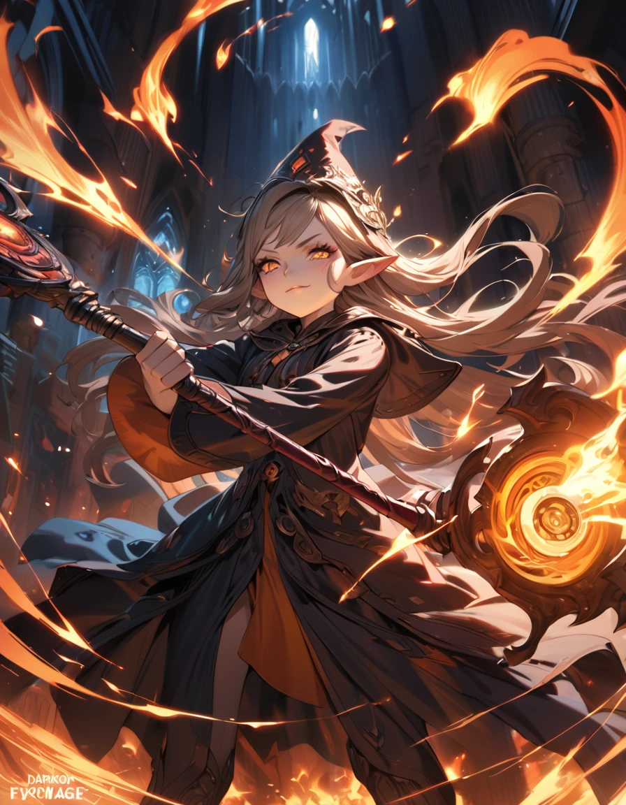 A cute hot elf girl fire mage, dramatic explosions of fire magic, mage hat, smirky expression, battle stance, dark robe, mage staff, detailed face, beautiful detailed eyes, beautiful detailed lips, extremely detailed eyes and face, long eyelashes, intricate details, masterpiece, 8k, ultra-detailed, photorealistic, concept art, vibrant colors, dramatic lighting, dark fantasy