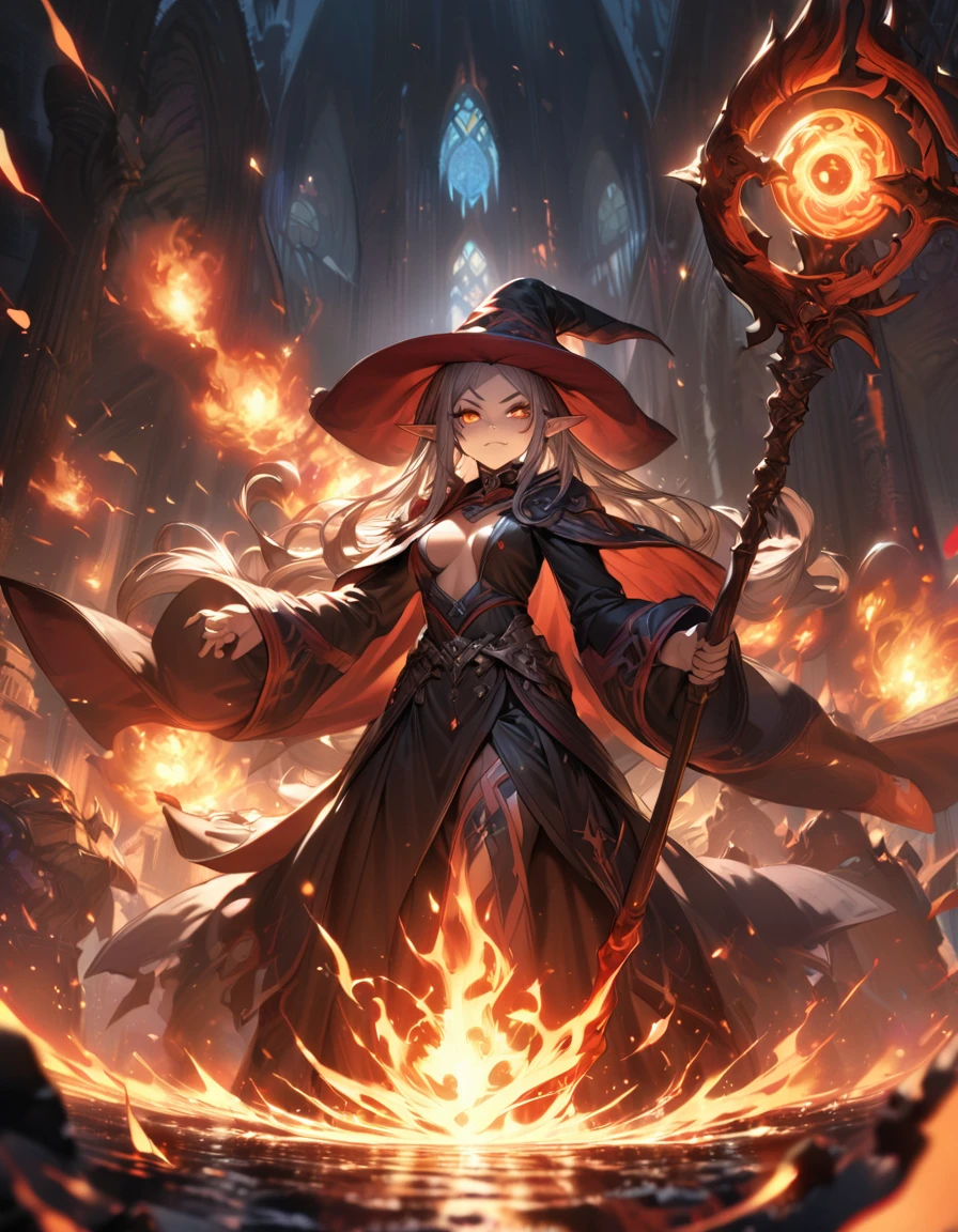A cute hot elf girl fire mage, dramatic explosions of fire magic, mage hat, smirky expression, battle stance, dark robe, mage staff, detailed face, beautiful detailed eyes, beautiful detailed lips, extremely detailed eyes and face, long eyelashes, intricate details, masterpiece, 8k, ultra-detailed, photorealistic, concept art, vibrant colors, dramatic lighting, dark fantasy