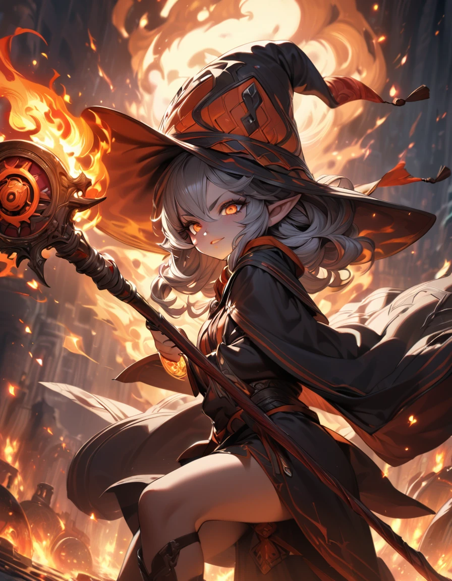 A cute hot elf girl fire mage, dramatic explosions of fire magic, mage hat, smirky expression, battle stance, dark robe, mage staff, detailed face, beautiful detailed eyes, beautiful detailed lips, extremely detailed eyes and face, long eyelashes, intricate details, masterpiece, 8k, ultra-detailed, photorealistic, concept art, vibrant colors, dramatic lighting, dark fantasy