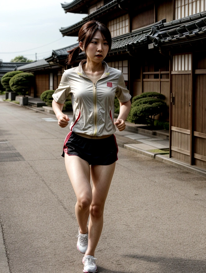 realistic, Japanese woman, running, shot from front, full body