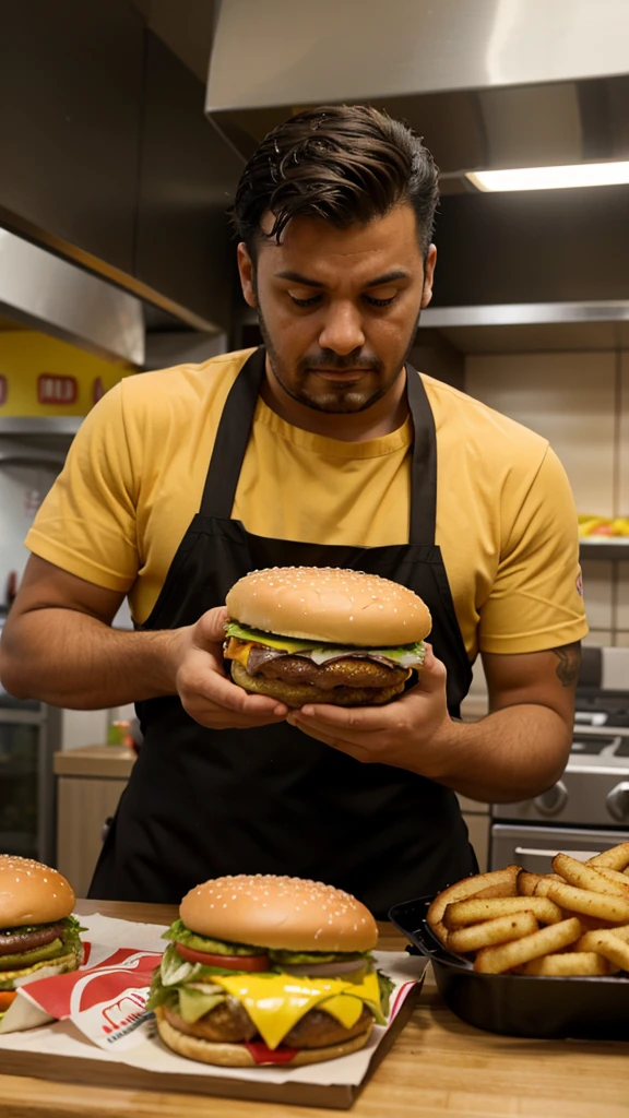 Man unhappily flips burgers in fast food kitchen