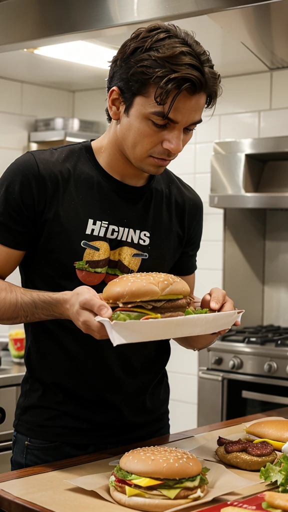 Man unhappily flips burgers in fast food kitchen