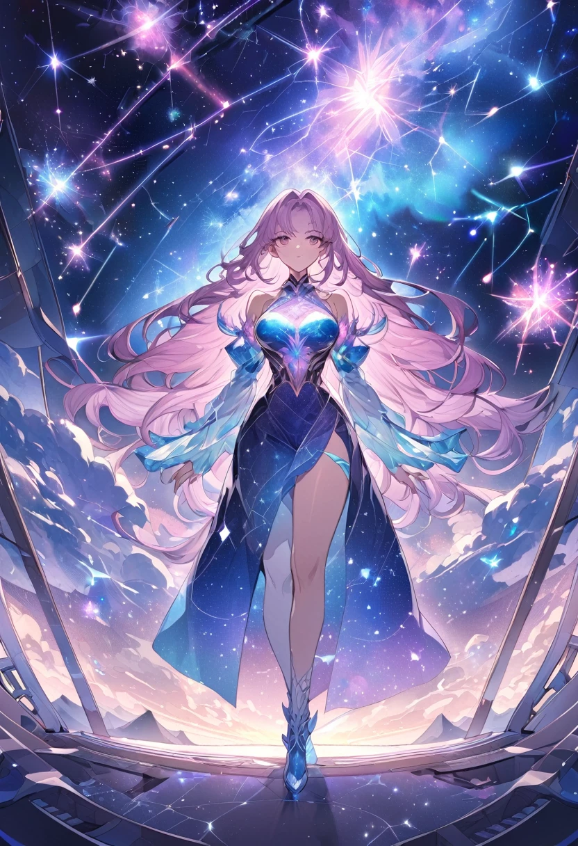 beautiful galaxy view with azure colored crystal forms mixed with pink purple and blue. with a goddess standing looking at a galaxy full of beautiful constellations. Manhwa style.  