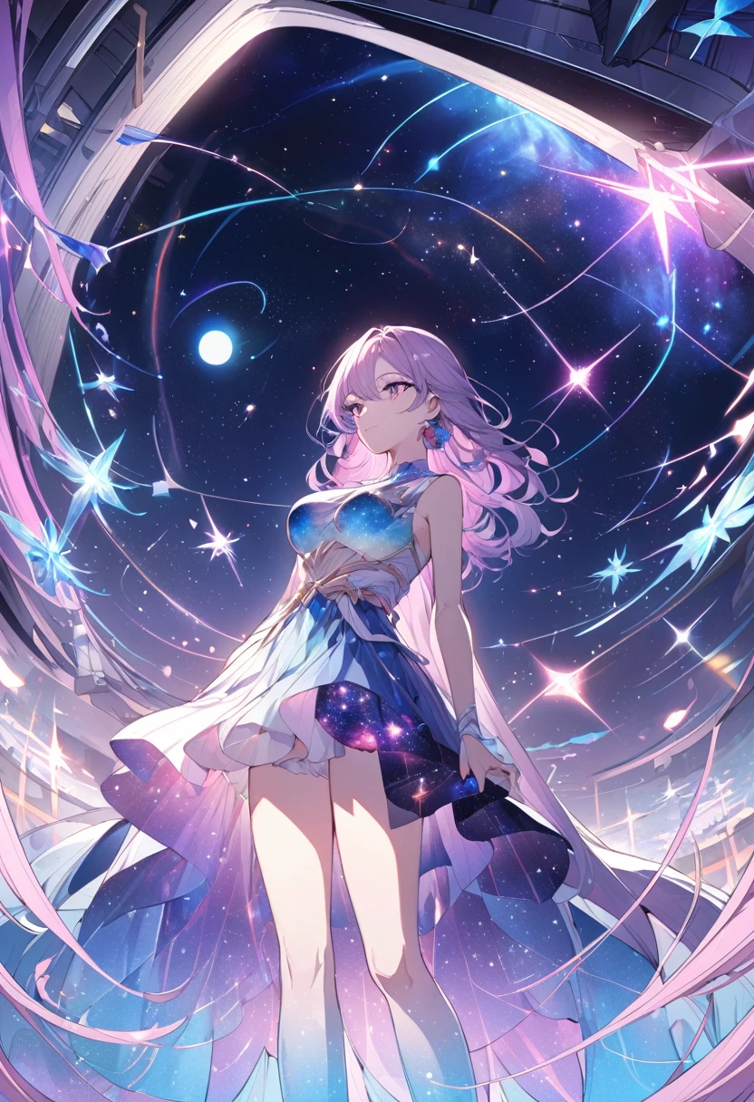 beautiful galaxy view with azure colored crystal forms mixed with pink purple and blue. with a goddess standing looking at a galaxy full of beautiful constellations. Manhwa style.