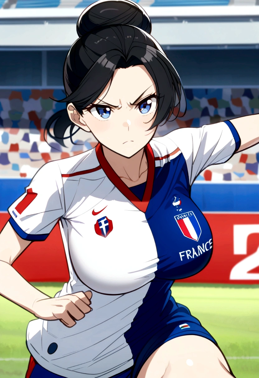 (anime ,2D) Women, soccer player , average height ,clear skin,thin face ,serious expression,blue eyes,black hair , waist length ,fringe ,gathered in a bun at the back,Skinny body,big breasts,small waist, France national team uniform, In a soccer field ,kicking a ball