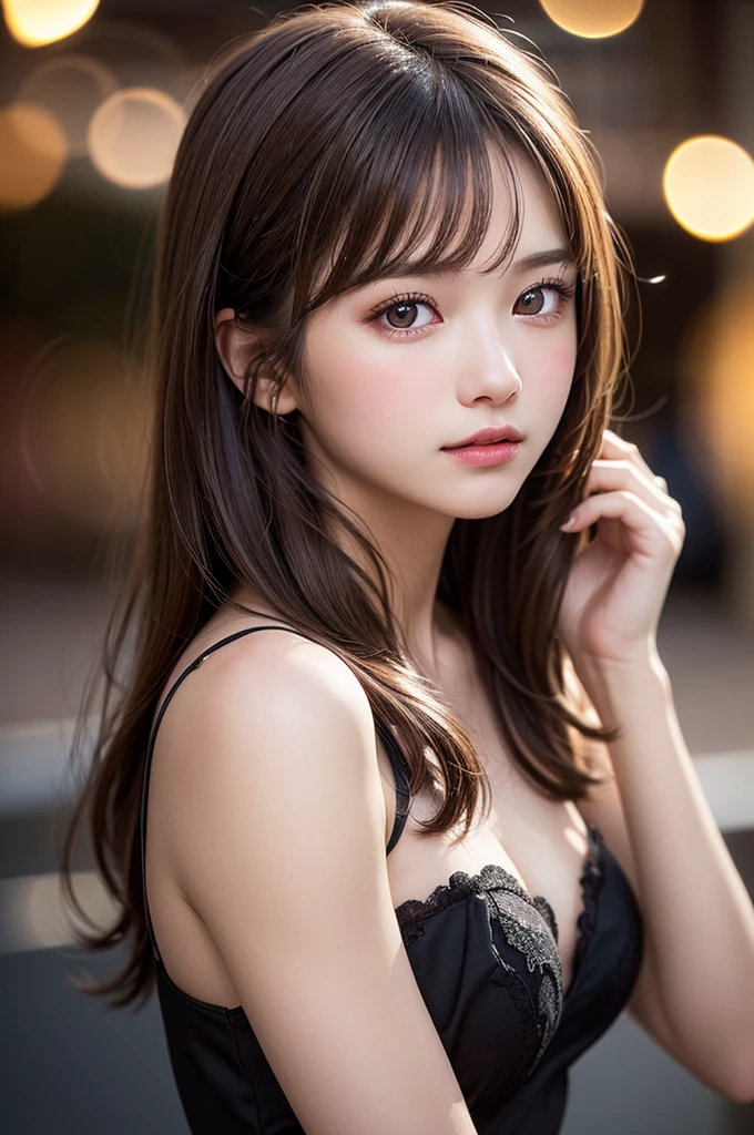 (best quality), (ultra-detailed), (illustration), (detailed light), (an extremely delicate and beautiful), ung girl, brown hair, brown eyes, model, bare shoulders, best quality, extremely detailed CG unified 8k wallpaper, High-definition raw color photos, professional photograpy, (((Bokeh))), depth of fields, twilight, sunset,