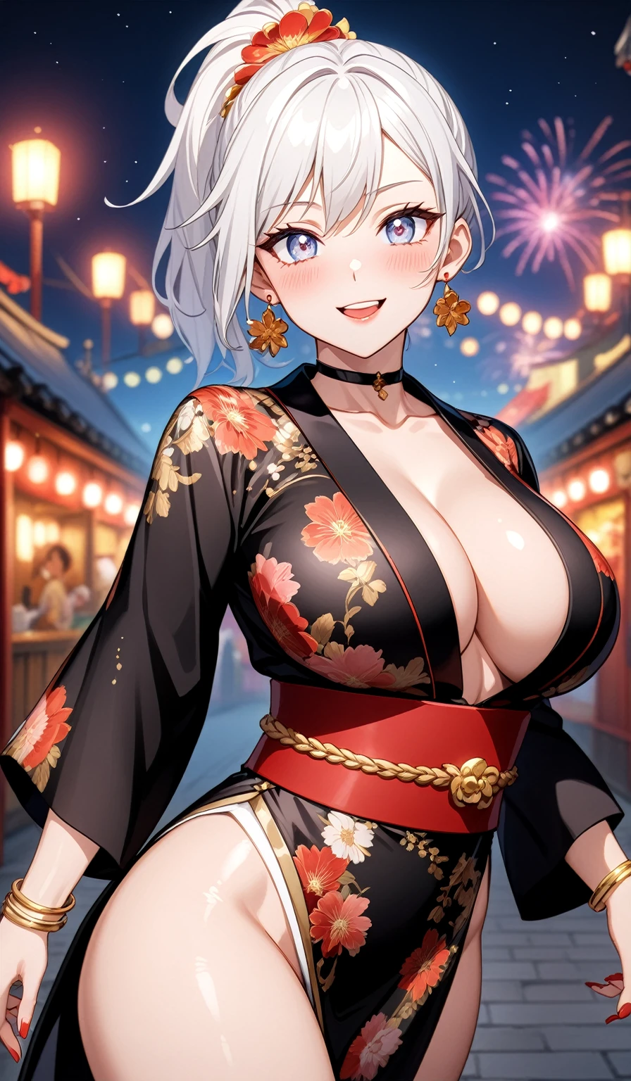 (One personの女性)), Beautiful Face, Laughing embarrassedly, ((Wink:1.8)), Laugh with your mouth wide open,((Bright red cheeks:1.4)),Shiny red lips, night,rooftop,Festivals, firework,Glossy red lips,Facial lighting,((Anime style background)),masterpiece, Highest quality, so beautiful,up to date, Complex details, (Pink long nails), (ring),(bracelet),(Floral choker),AI-generated, Complex,High resolution, Highest quality, super high quality,3D Images、3D Images,One person,Long white hair,High Ponytail,(blue eyes), ((Fine grain、Silvery white colorful eyes、Shining Eyes:1.3)), (Squint your eyes:1.1), 写真のポーズをとるAnime Women, a hyperRealistic , hyperRealistic , Realistic,Anime Women, Smooth anime CG art, A woman in a colorful kimono with gold embroidery, (Black long sleeve kimono), Red floral pattern,Long flower hair ornament,Floral Earrings,Mature Body,(Big Breasts:1.1),Tall,Abdominal muscles,Narrow waist,(Zoom in on face:1.3),(front view),