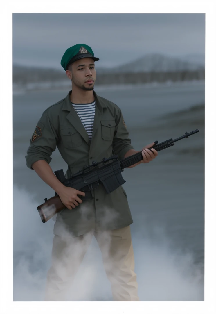 A man stands with a gun , light skin color , a Slav 