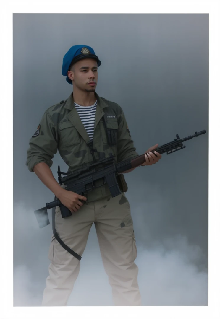 A man stands with a gun , light skin color , a Slav 