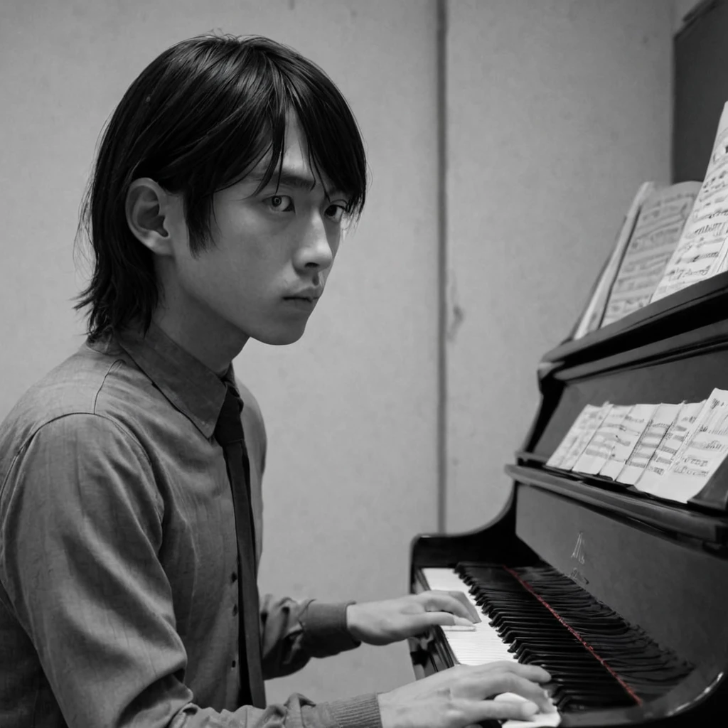 playing the piano for the audience, (anime), bizarre scenario, This is Junji, Yusuke Murata, black and white, 8K, anime, horror