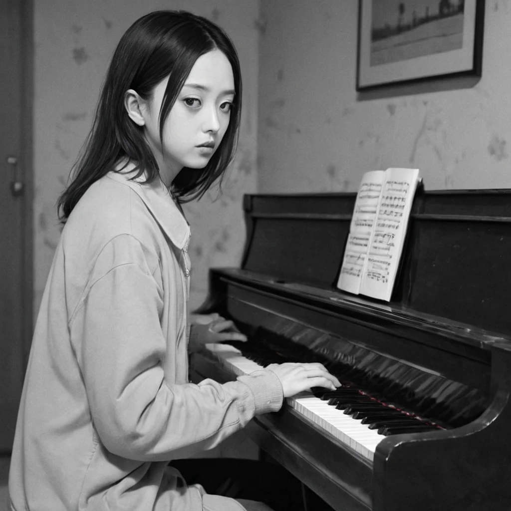 playing the piano for the audience, (anime), bizarre scenario, This is Junji, Yusuke Murata, black and white, 8K, anime, horror