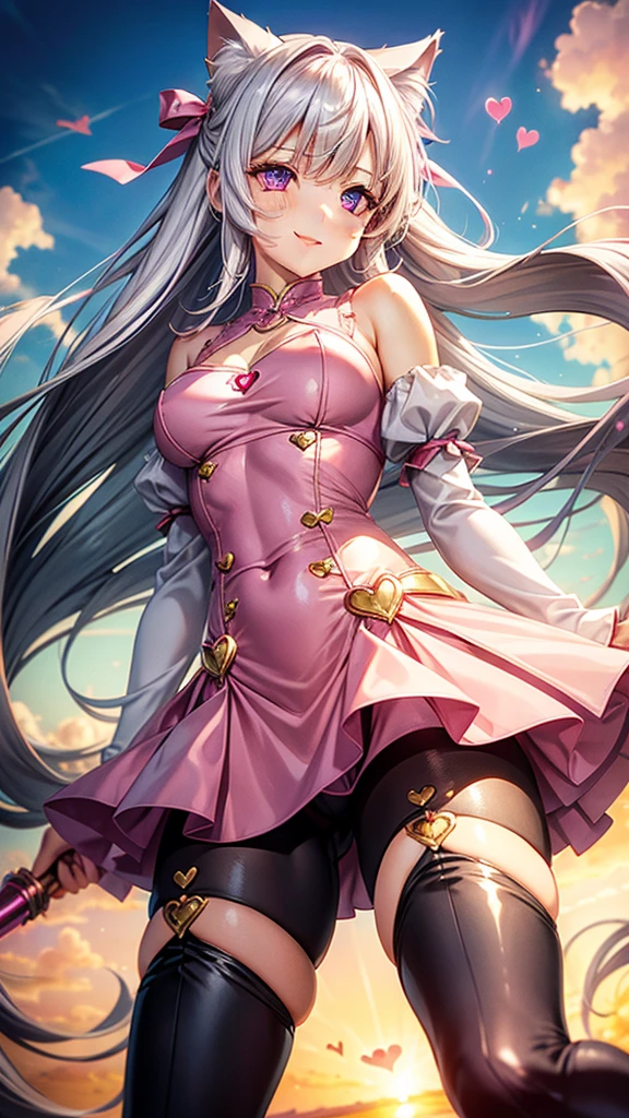Silver hair, pink eyes, woman, sun and cloud background, pink red gold clothes, hair bows, happy face, outfit, sexy, cat ears, hearts, floating hearts, thigh up, thigh high tights