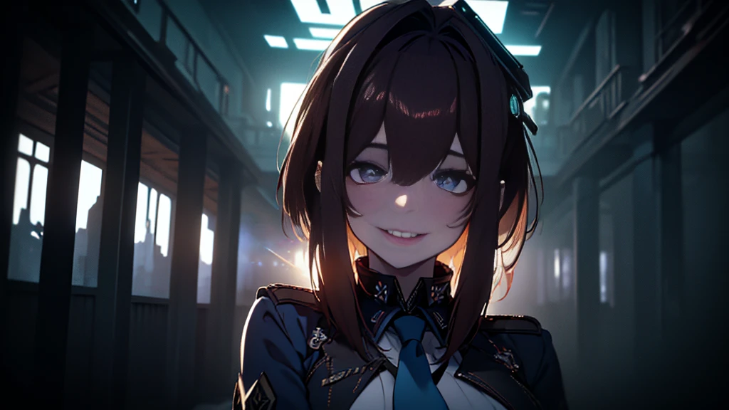 ((Best quality)), ((masterpiece)), (detailed:1.4), 3D, an image of a beautiful cyberpunk female, Yandere , Yandere Face , Trance , Trance Eyes , yameroyandere , constricted pupils , yandere , empty eyes . shaded face , crazy eyes , glowing brown eyes , crazy smile , Marian , tied hair, long brown hair , White Military Uniform , Brown Eyes, Blue Barret, Blue Necktie ,Blue Ribbon , White undercloth, large breasts, HDR (High Dynamic Range),Ray Tracing,NVIDIA RTX,Super-Resolution,Unreal 5,Subsurface scattering,PBR Texturing,Post-processing,Anisotropic Filtering,Depth-of-field,Maximum clarity and sharpness,Multi-layered textures,Albedo and Specular maps,Surface shading,Accurate simulation of light-material interaction,Perfect proportions,Octane Render,Two-tone lighting,Wide aperture,Low ISO,White balance,Rule of thirds,8K RAW,