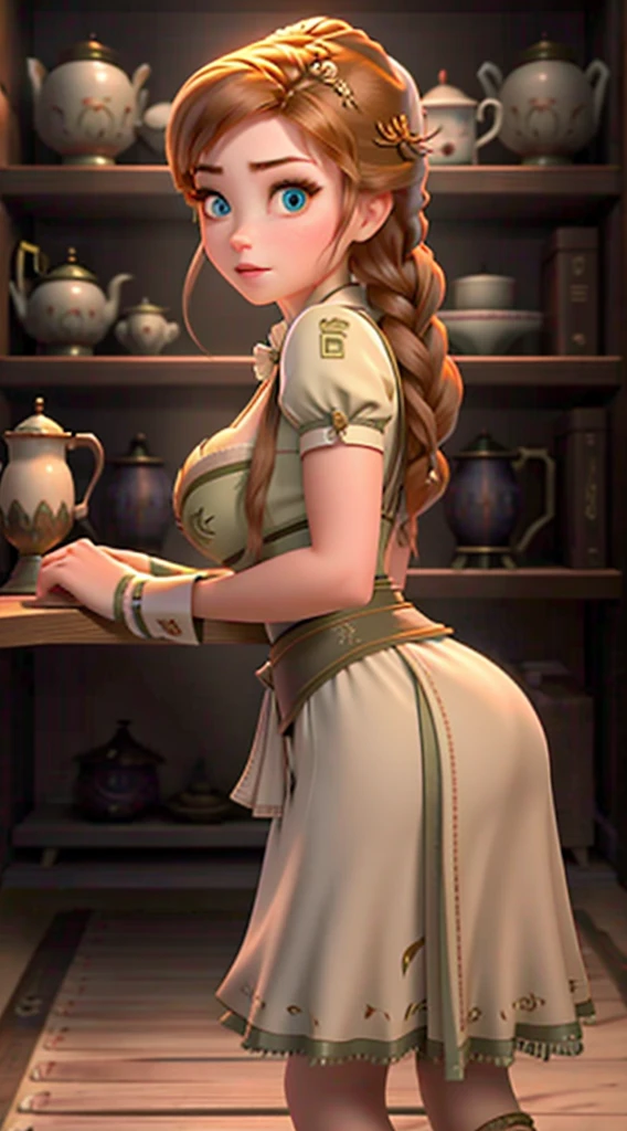 Busty maid Ana of Arindel, squatting cleaning bookshelf