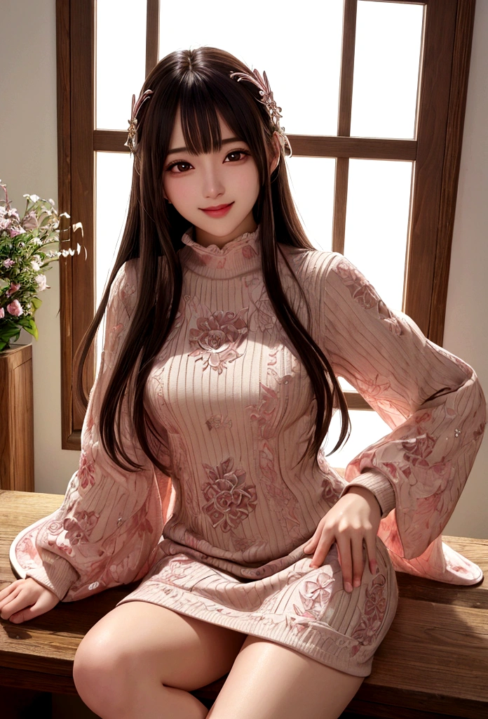 masutepiece, Best Quality, Illustration, Ultra-detailed, finely detail, hight resolution, 8K Wallpaper, Perfect dynamic composition, Beautiful detailed eyes, Mocha long sleeve knit dress,Straight hair,Small breasts natural color lip, Randomly sexy poses,Smile、20 years girl、Cute、Sexy shot looking at camera,Perfect and beautiful face