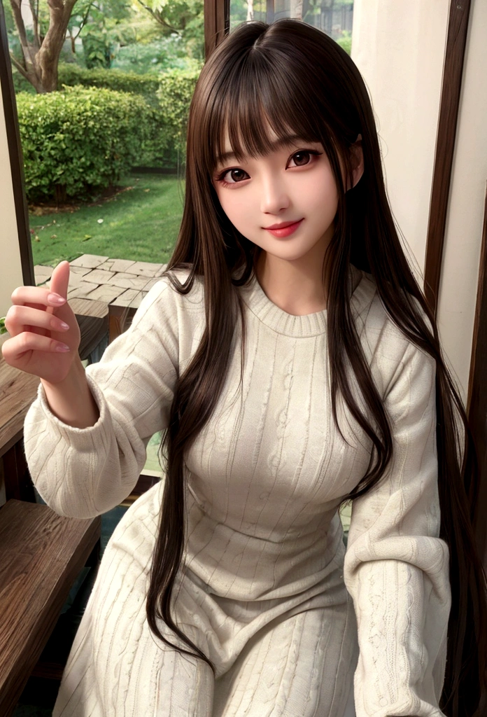 masutepiece, Best Quality, Illustration, Ultra-detailed, finely detail, hight resolution, 8K Wallpaper, Perfect dynamic composition, Beautiful detailed eyes, Mocha long sleeve knit dress,Straight hair,Small breasts natural color lip, Randomly sexy poses,Smile、20 years girl、Cute、Sexy shot looking at camera,Perfect and beautiful face
