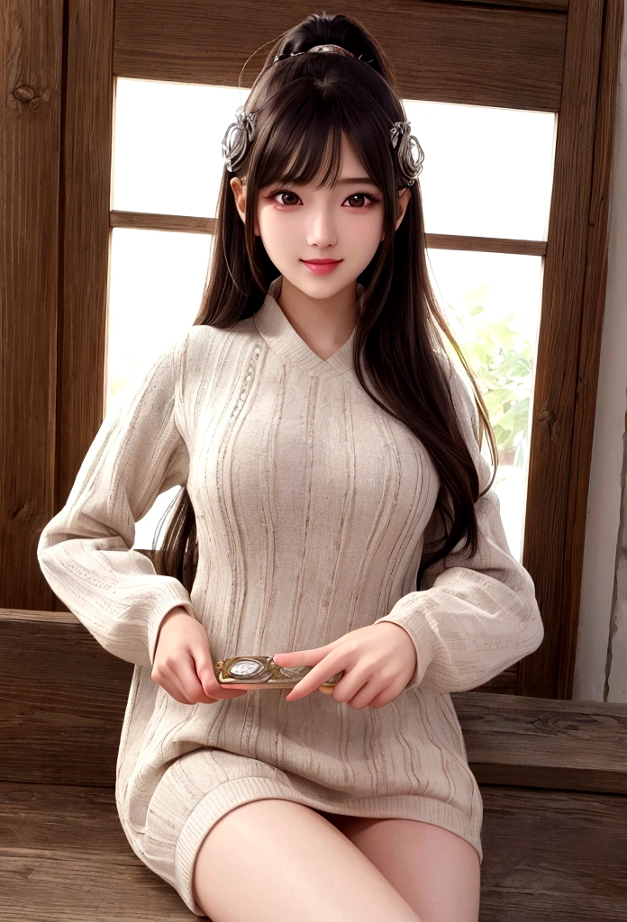 masutepiece, Best Quality, Illustration, Ultra-detailed, finely detail, hight resolution, 8K Wallpaper, Perfect dynamic composition, Beautiful detailed eyes, Mocha long sleeve knit dress,Straight hair,Small breasts natural color lip, Randomly sexy poses,Smile、20 years girl、Cute、Sexy shot looking at camera,Perfect and beautiful face
