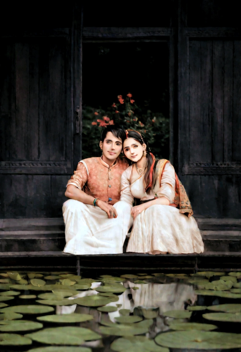 arafed couple sitting on a bench in front of a pond, portrait shot, india, edited, assamese aesthetic, lovely couple, fanart, * colour splash *, couple portrait, portrait, mid shot portrait, shot with canon eoa 6 d mark ii, by Emma Andijewska, 7 0 mm portrait, cinematic photo shoot
