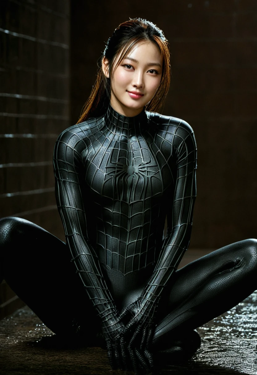 score_9, score_8_up, score_7_up, best quality, realistic, masterpiece, beautiful detail, hyperrealistic, (1girl, woman body, smile), big breasts, amazing detailed full body portrait of a beautiful korean girl, wearing a realistic and highly detailed black raimi spider-man suit, ((huge muscular girl)), professional model wears ultra - detailed black raimi spider - man suit, ultra - detailed and grained black raimi spiderman suit, suit covered entire body and hand, black spiderman gloves, wet, (looking at camera), sitting with a seductive pose, (full body), (dirty skin), close up, octane render, highly detailed, volumetric, dramatic lighting, (highest quality:1.1), (HDR:1.3), (top quality, best quality), realistic, high definition,
