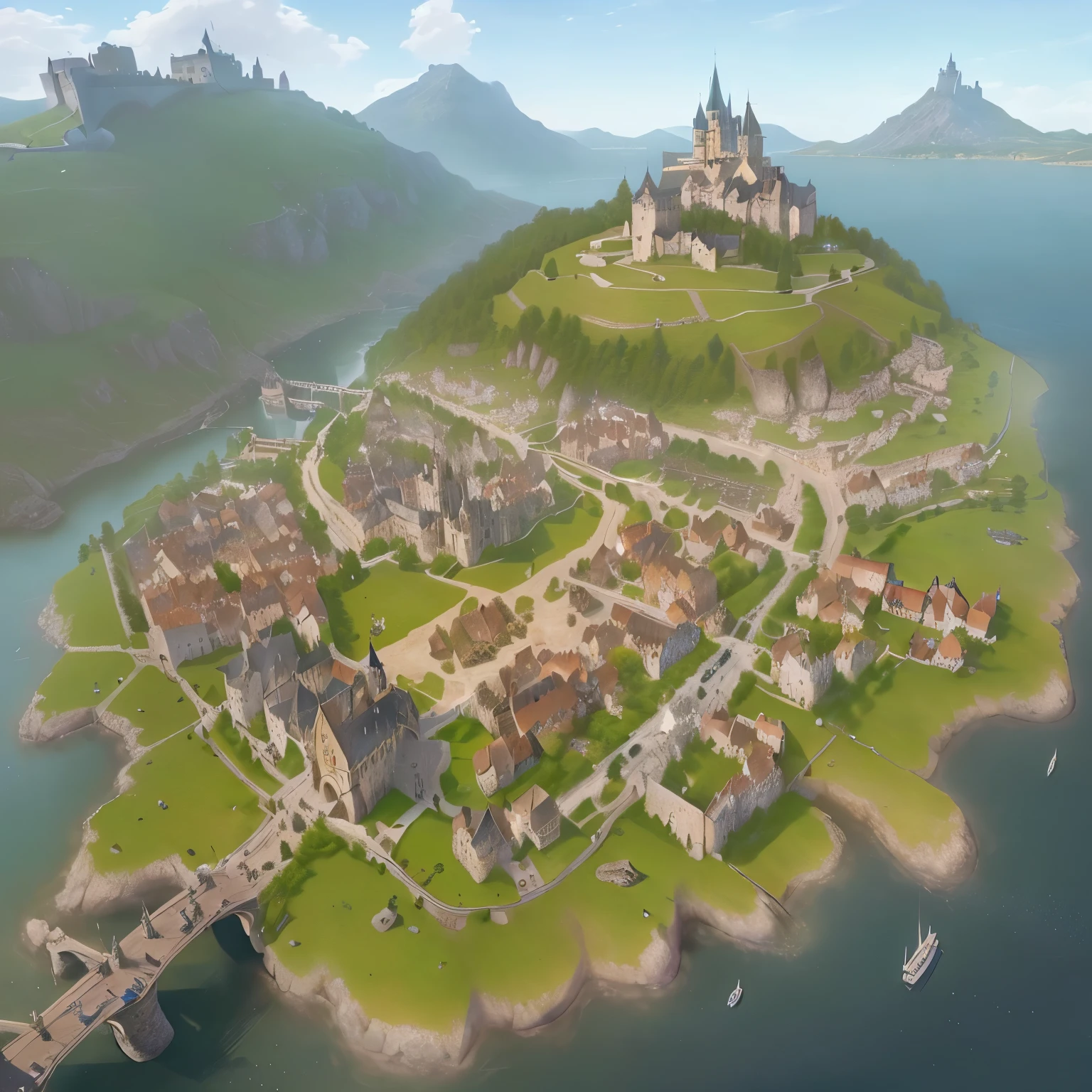 close-up of a small town with a bridge and a castle, Medieval village, Medieval fantasy city, a small Medieval village, Renaissance port city, fantasy city setting, medieval city, Pixar-style WhiteRun, castle town, Medieval village, city on a rock, city background, medieval city, small village