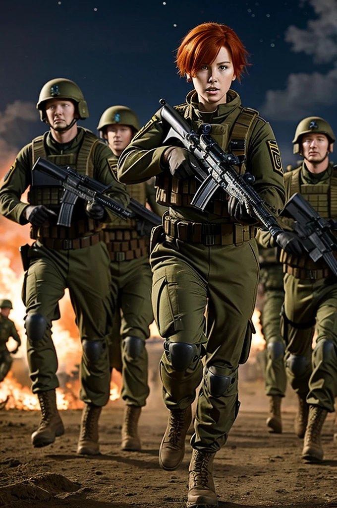 Red-haired girl with short hair and German military uniform running together with several soldiers and spartans from the Halo saga on a war field while being shot at and at night, anime