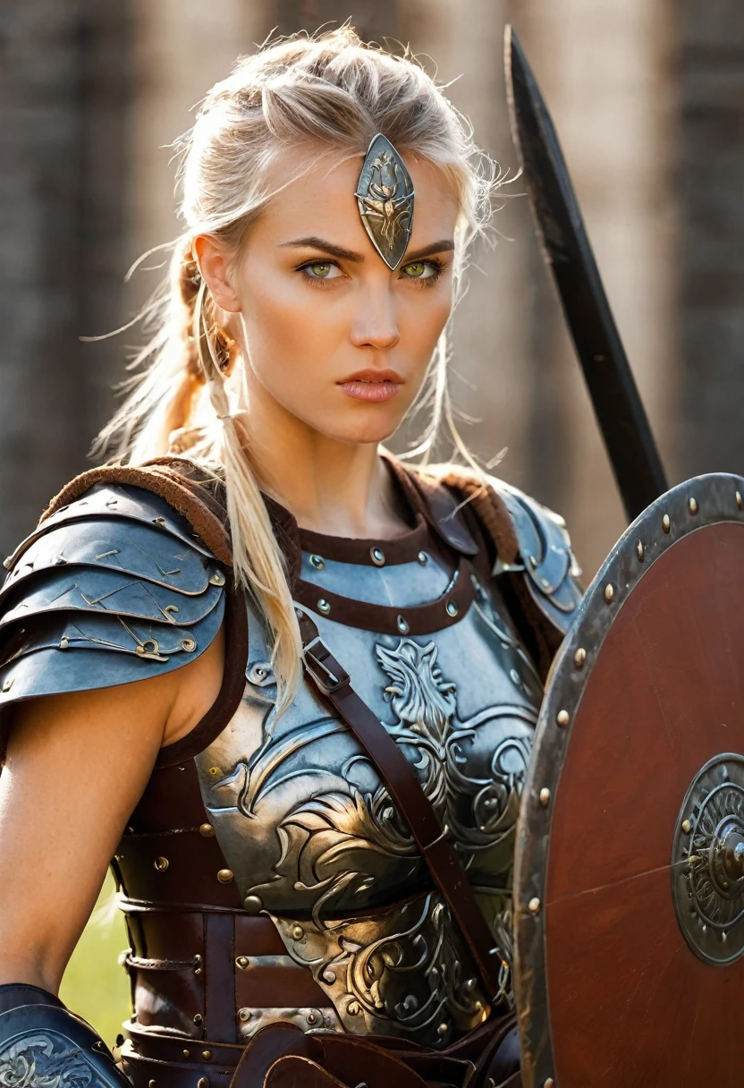 blonde gladiator woman, greeneyes, leather armour, wooden shield, ax, aggressive style
