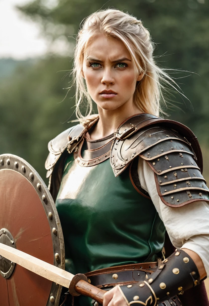 blonde gladiator woman, greeneyes, leather armour, wooden shield, ax, aggressive style