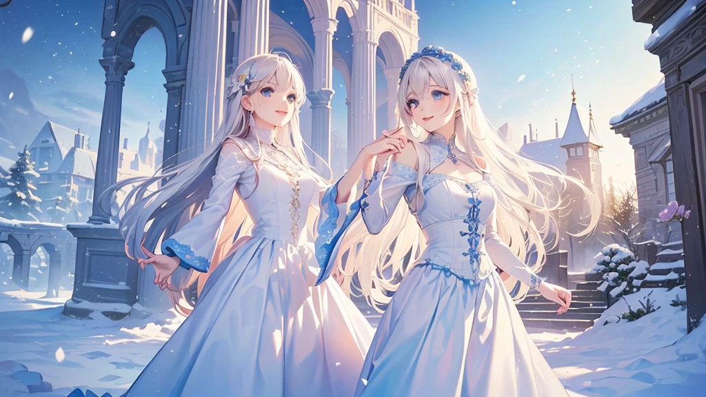 ((best quality,masterpiece,Extremely complex and exquisite details,There is only one beautiful girl with long white straight hair and blue eyes,Smile,long skirt)),(Exquisite light blue and white clothing,Beautiful bright and exquisite ancient style white castle architectural background),(correct anatomy,exquisite face),(Exquisite fantasy dream style,Snow,Falling Flowers,The great outdoors)