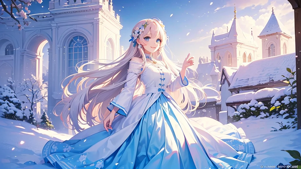 ((best quality，masterpiece，Extremely complex and exquisite details，There is only one beautiful girl with long white straight hair and blue eyes，Smile，long skirt))，(Exquisite light blue and white clothing，Beautiful bright and exquisite ancient style white castle architectural background)，(correct anatomy，exquisite face)，(Exquisite fantasy dream style，Snow，Falling Flowers，The great outdoors)