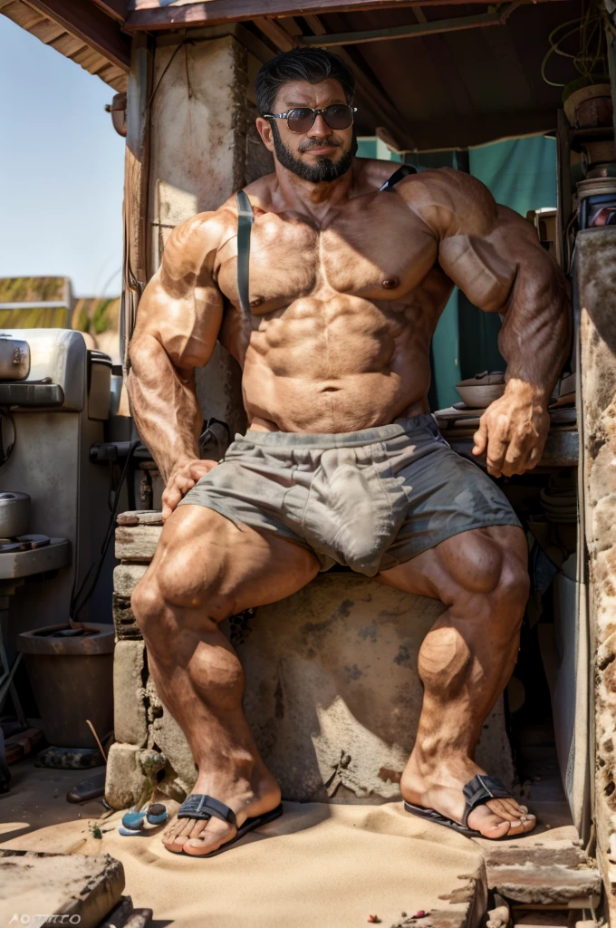 Realistic style,亚洲男人戴sunglasses坐在木椅上,Maintenance Worker,Sitting,40 years old Asian man,sunglasses,Looking at the camera,Legs open,Place your hands behind your body,beard,Floral shirt,A kind expression,Friendly attitude,A polite greeting,Brown skin,Oily skin,Big nipples,Thick Chest Hair,(Fat-wrapped muscles),Mermaid line,Grey swimming trunks,(There is a giant oyster sauce mushroom in my pants),(Geoduck crotch silhouette),Leg hair,thick body fur,Black body hair,Leg hair,sandals,toe,full-body shot,Real person photos,Anatomically correct limbs,full-body shot,Delicate skin texture,Beach,Blue sky background,In the gazebo,Soft Light,Low contrast images,Highest quality,4k quality,
