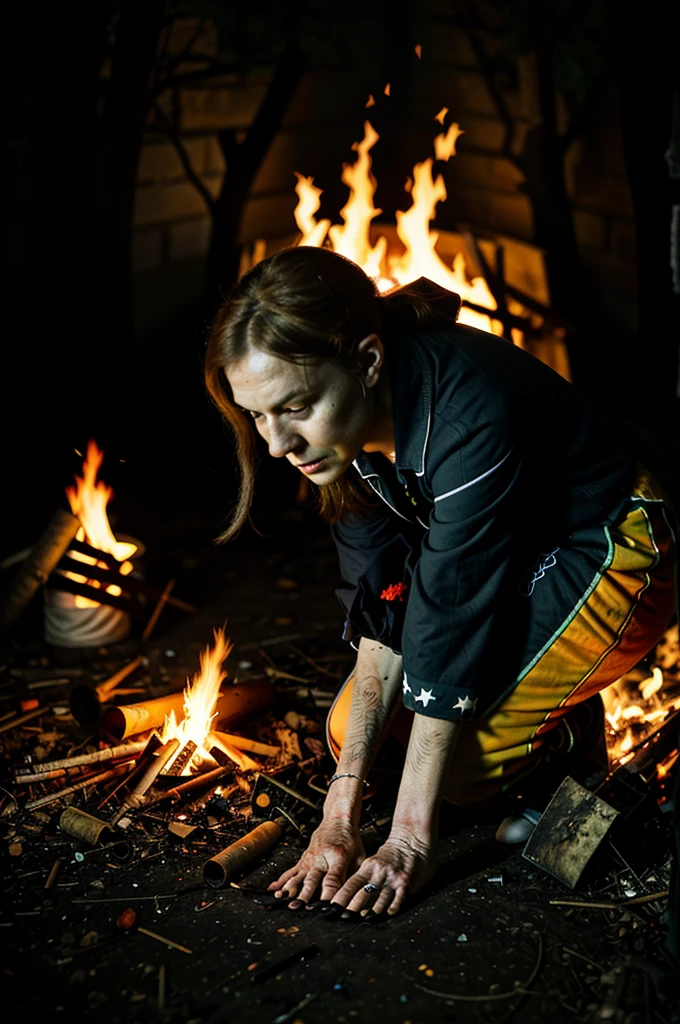 Elderly woman hunched over a bonfire with a circle on the ground. Horror night scene.