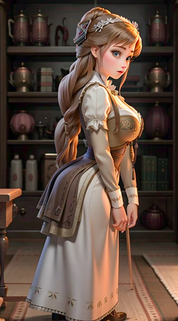 Ana of Arindel as Maid, squatting cleaning bookshelf, minisaia, big and wide breasts